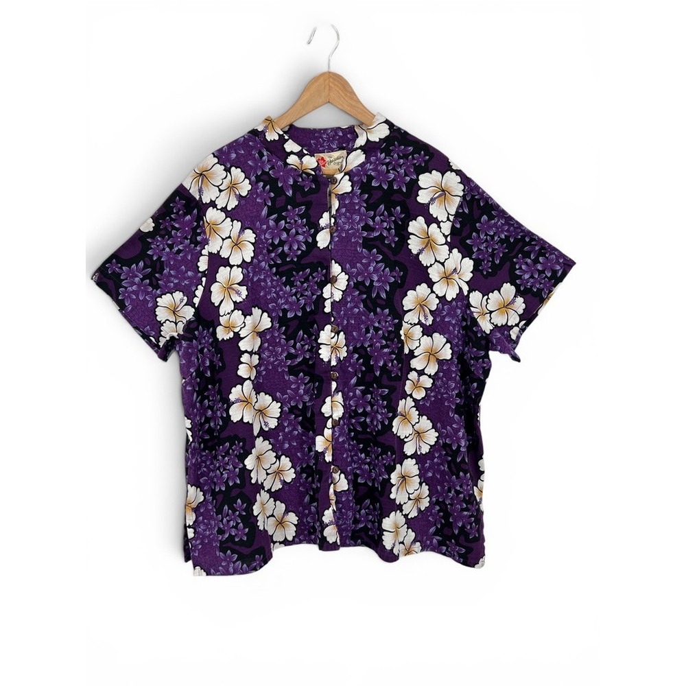 Hilo Hattie Hawaiian Shirt Womens 3XL Purple Hibiscus Floral Cotton Made Hawaii